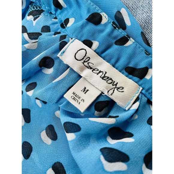 Olsenboye Blue Dot Print Sheer Blouse M Deep V-Neck Top Long Sleeve A8 - Picture 4 of 4